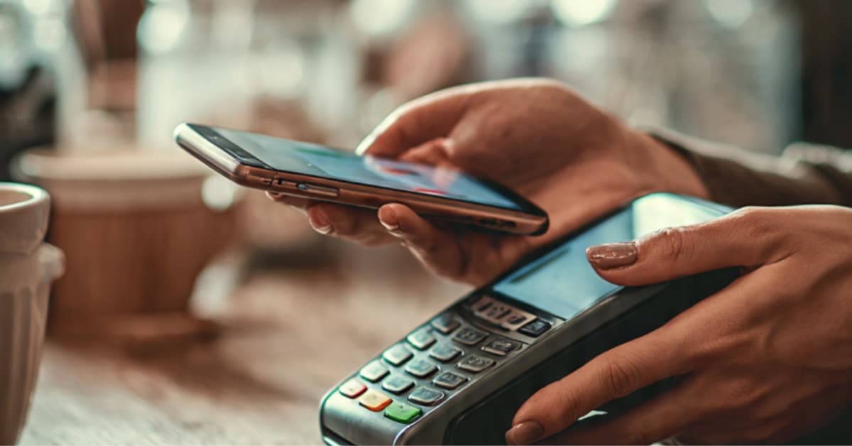 A customer completing a purchase on a mobile phone optimized for checkout and payments