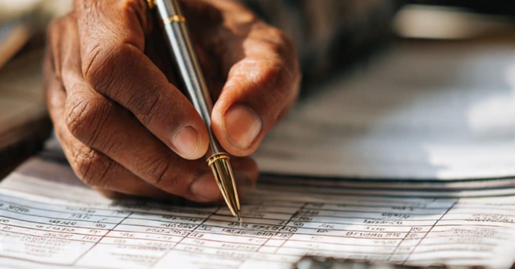 Small business owner reviewing accounting ledger and SST tax rates